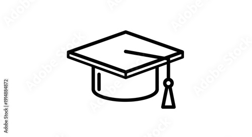 Black and white line art icon of a graduation cap with a tassel, symbolizing education and academic achievement.