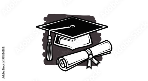 Black and white illustration of a graduation cap and a rolled diploma scroll, symbolizing academic achievement and completion.