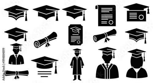 A collection of black silhouette icons representing graduation, including caps, diplomas, certificates, and graduates in gowns.