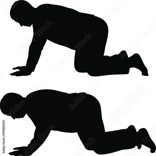 Black silhouette of man crawling on hands and knees, male figure in kneeling pose, person on all fours, isor.
