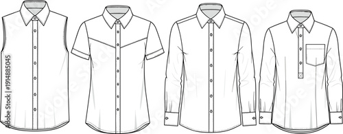 Women Casual Shirt and Blouse Collection Fashion Technical Sketch Vector Illustration Featuring Sleeveless Short Sleeve and Long Sleeve Button Down Styles