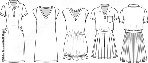 Women Dress and Shirt Collection Fashion Technical Sketch Vector Illustration Set Including Polo Dresses V-Neck Tunics and Pleated Skirts