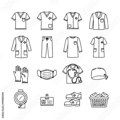 Medical Uniforms and Accessories Line Art Icons Set
