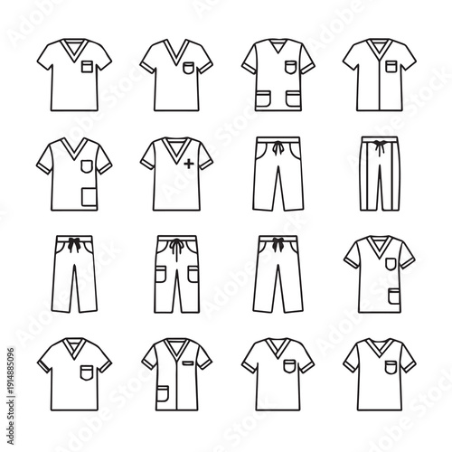 Medical Scrubs Icons Set: Tops and Pants Collection, Simple Outline Style