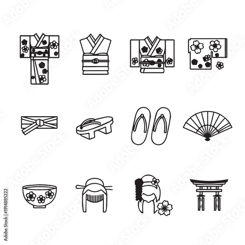 Japanese Kimono Accessories Icons: Kimono, Obi, Geta, Fan, Bowl, Hairpin, Torii Gate