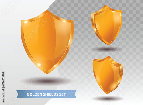 Golden shield protection symbols set. Vector illustration