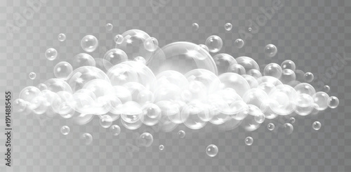 Realistic white soap lather with airy bubbles isolated on transparent background. Vector illustration