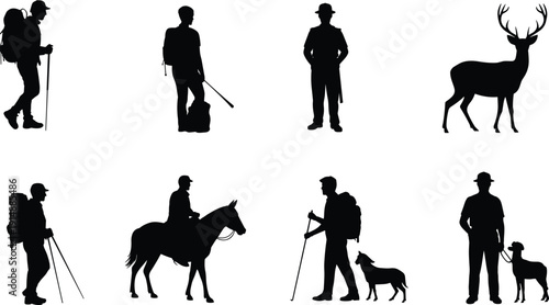 Collection of outdoor silhouettes featuring hikers with backpacks, trekking poles, a horse rider, a deer, and a man walking dog.