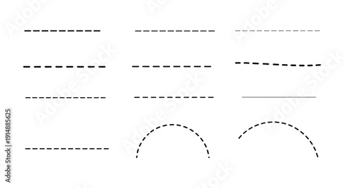 Array of horizontal dashed and dotted lines and two dashed semicircular arcs arranged in a grid on a transparent background, showing varied stroke styles and spacing