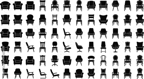 Large collection of diverse chair silhouettes including armchairs, office chairs, vintage furniture, and modern seating icons for interior design and decor.