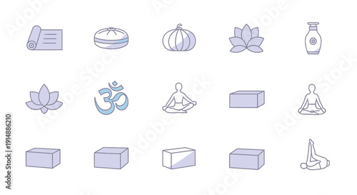 Minimalistic icons representing meditation, yoga, and related elements in a serene visual