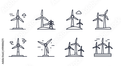 Minimalistic Wind Turbine Icons Displaying Renewable Energy and Green Power Concepts