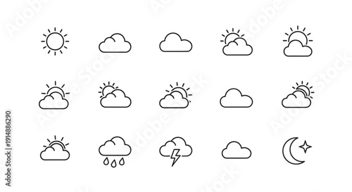 Minimalistic Weather Icons Depicting Sunny, Cloudy, Rainy, and Night Conditions in a Set