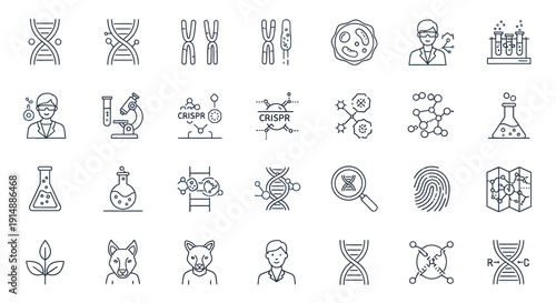 Scientific and biological icons representing DNA, genetics, and laboratory research