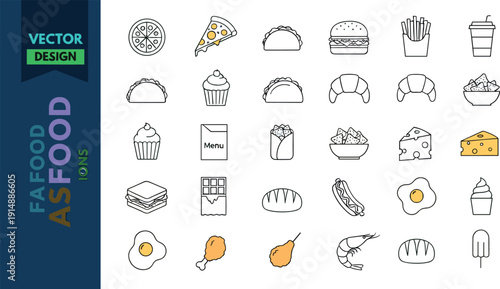 Flat line fast food and street food icon set featuring pizza, burger, fries, taco, sandwich, hotdog, noodles and dessert vector collection