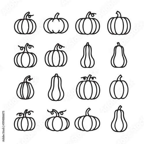 Outline Pumpkins and Gourds Variety Set Icon Collection
