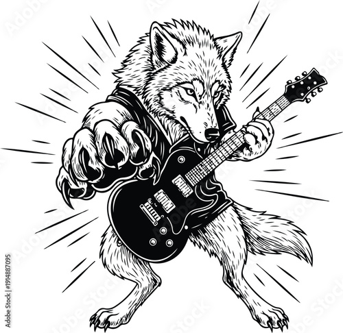 Wolf playing an electric guitar Vector Illustration 