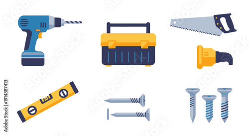 Various carpentry tools including drill, saw, toolbox, level, and screws arranged neatly on a clean white surface from a straightforward viewpoint