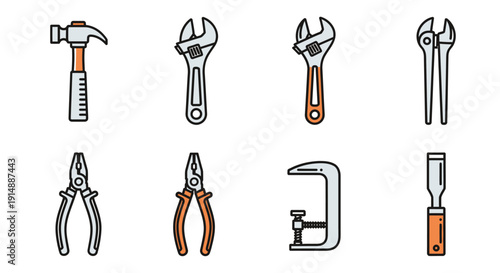 Assorted hand tools including hammer, pliers, and wrenches displayed on a clean white background from a straightforward viewpoint