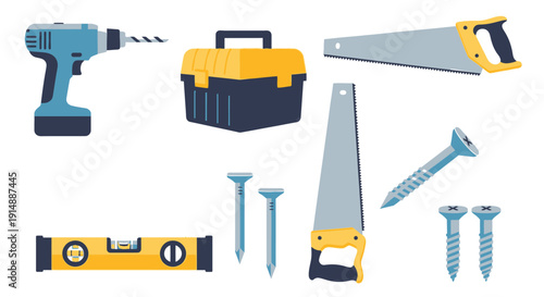 Assorted carpentry tools including saws, drills, and fasteners arranged neatly for a construction project on a clean white background.