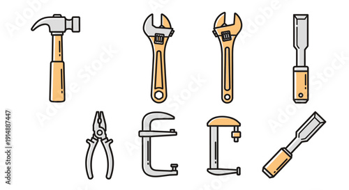 Collection of various hand tools arranged neatly for use in workshop or construction site tasks and projects
