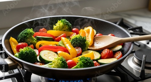 Fresh Vegetables Stir-Frying in a Pan on a Gas Stove.