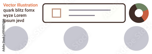 Data presentation, analytics, UI design, information reporting, dashboard creation, online tools. Circular chart, text box and graphic shapes. Data presentation and analytics