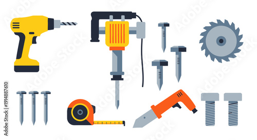 Assorted tools and equipment for construction and DIY projects on a clean white surface, viewed from directly above.