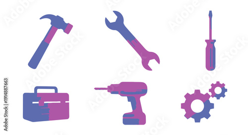 Set of colorful tools including hammer, wrench, screwdriver, toolbox, drill, and gears on a clean background from a straightforward viewpoint