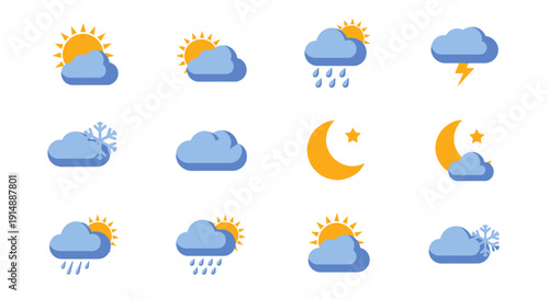 Minimalist Weather Icons Depicting Various Meteorological Conditions and Seasonal Changes