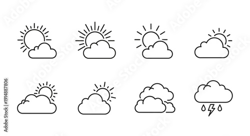 Minimalist weather icon set: sun, clouds, rain, and thunderstorms illustrated in simple outline