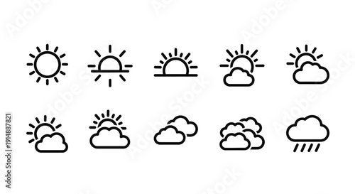 Minimalist Weather Icons Set Depicting Various Atmospheric Conditions and Celestial Bodies