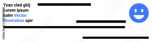 Emotion, communication, positivity, design elements, social media, digital content creation. Blue happy face on a white background with black lines and placeholder text. Emotion and communication