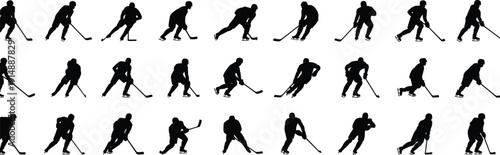 Set of silhouette vector ice hockey players, athletes skating with sticks, professional sports figures, winter action elements isolated on white background,