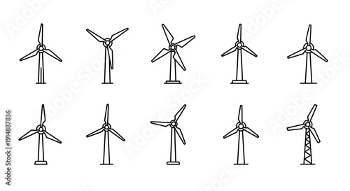 Minimalist Wind Turbine Illustrations Depicting Renewable Energy Sources and Sustainable Power