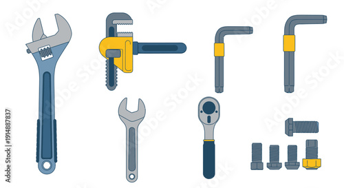 A collection of wrenches and pipe fittings arranged neatly on a white surface viewed from directly above