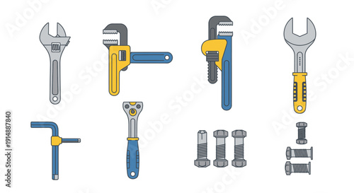 Collection of various wrenches and adjustable pliers displayed neatly on a clean surface from a straightforward viewpoint