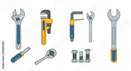 Assorted tools including wrenches and pipe cutters on a clean background viewed from directly above.