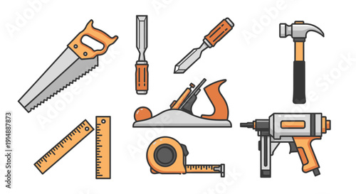 Various construction tools and equipment arranged neatly for a building project or renovation task on a plain white background from a top-down viewpoint