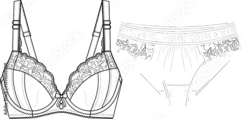 Women Elegant Lace Lingerie Set Featuring Underwire Bra and High Waist Panties Fashion Technical Sketch Vector Illustration for Apparel Design