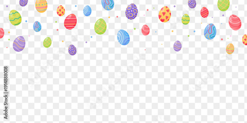Easter banner with colorful falling eggs. Trendy vector decoration isolated on transparent background
