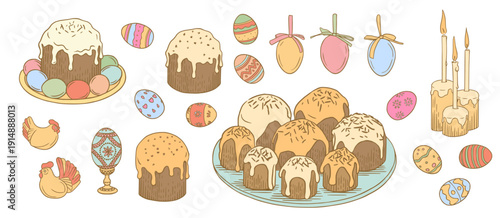 Easter vintage elements set with traditional food. Colorful gifts, cakes, eggs, chickens, cookies and candles.