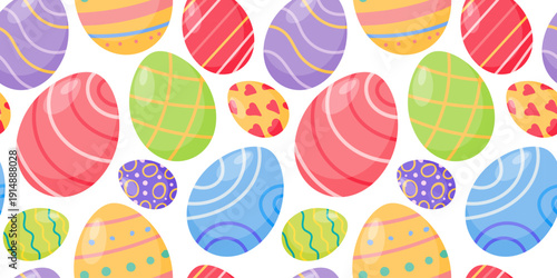 Easter seamless pattern with cute eggs. Funny doodle patterned egg on white background