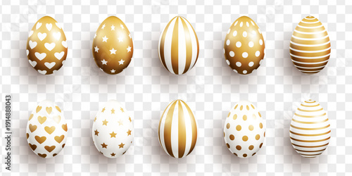 Beautiful Easter egg collection isolated on transparent background. Realistic golden eggs with various ornament