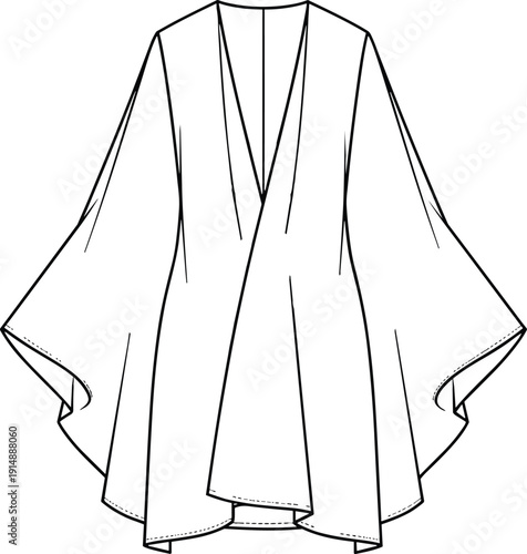 Women Fashion Open Front Oversized Kimono Cardigan Cape Coat Technical Sketch Vector Illustration Flat Drawing Template for Apparel Design Development