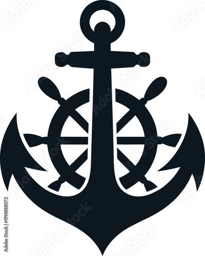 Dark blue nautical anchor and ship's wheel emblem, classic maritime symbol in vector for sailing and ocean themes.