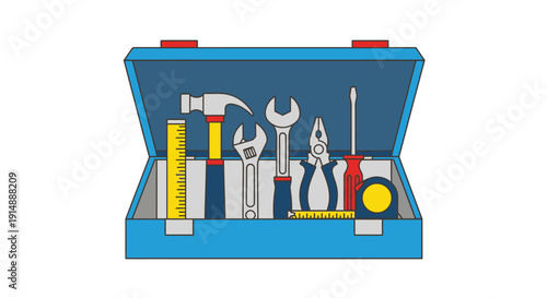 A blue toolbox containing various tools and equipment is open on a clean surface.