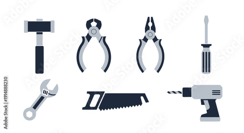 A collection of various tools and equipment arranged neatly, showcasing different types of tools used for construction and repair work in a workshop or on a workbench from a straightforward viewpoint