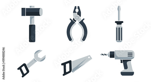 Assorted tools including hammer, pliers, screwdriver, wrench, chisel, and drill displayed on a white background from a straightforward viewpoint.