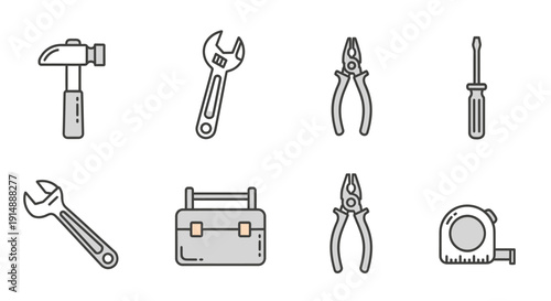 Collection of various tools including hammer, wrench, and pliers on a clean white background, illustrated in a simple line art style